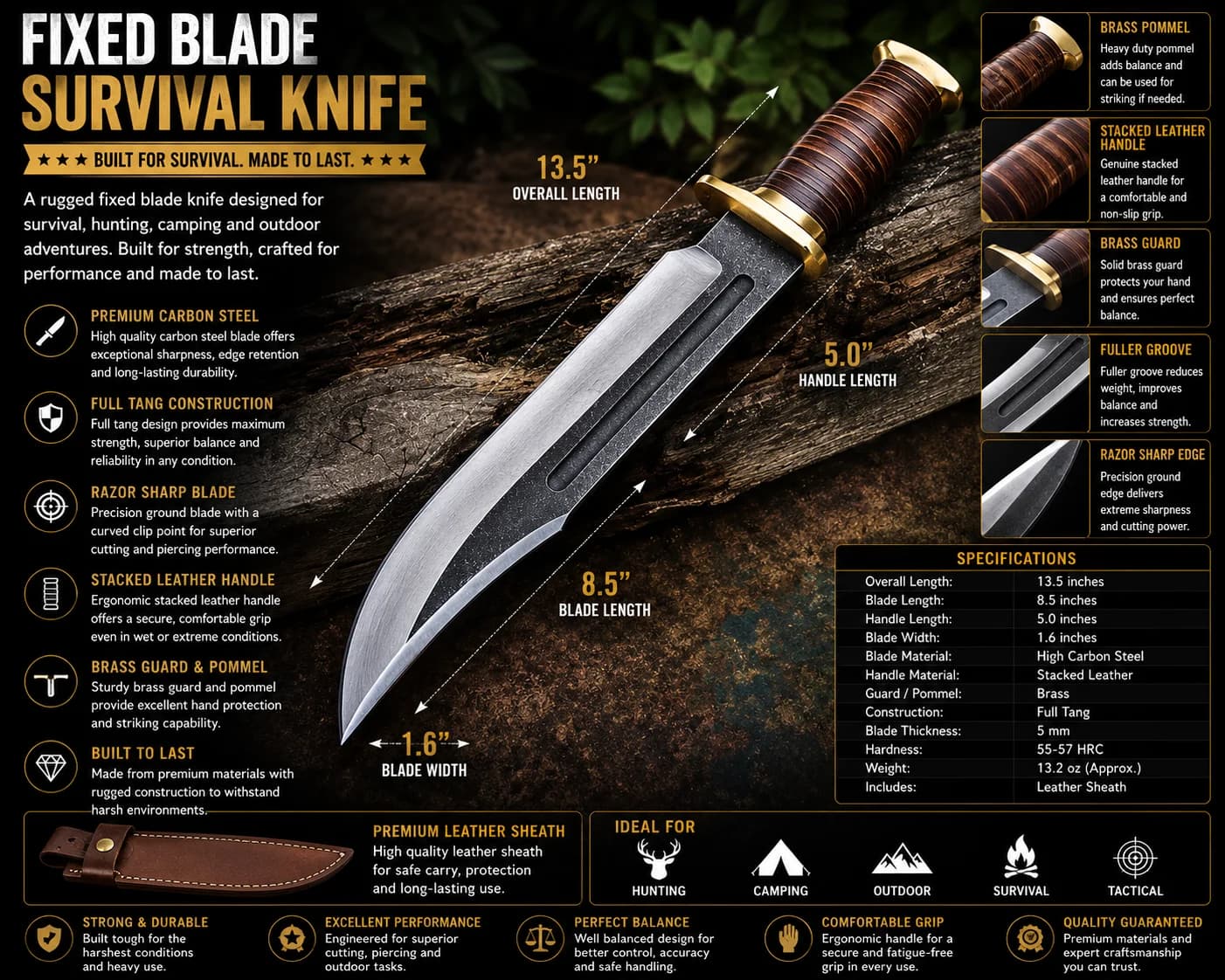 Survival knife with high carbon steel blade
