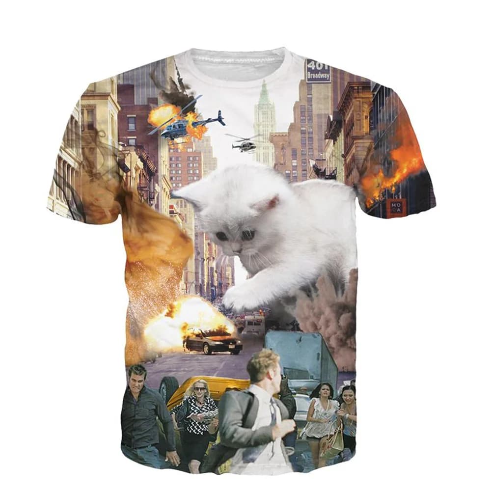 T-shirt with giant cat city graphic