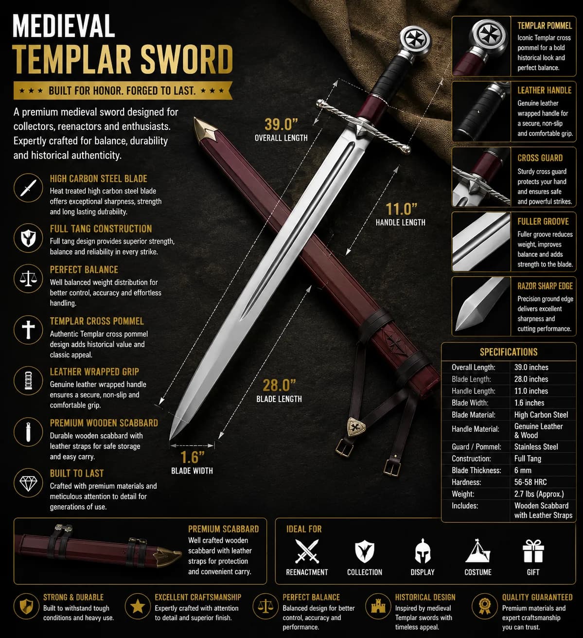 Templar sword with high carbon steel blade