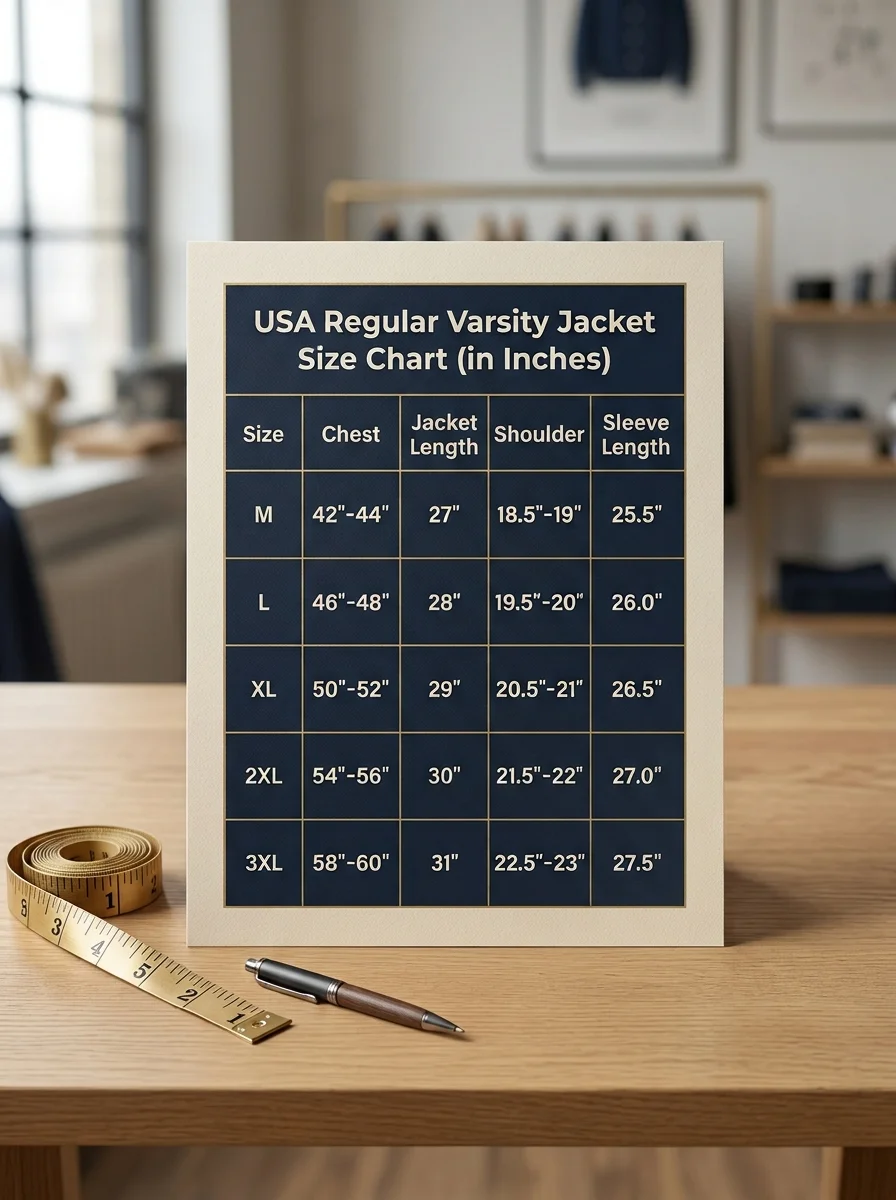USA regular varsity jacket size chart