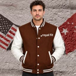 Royal Fit Men's Varsity Jacket – 100% Wool Body & Genuine Sheepskin Leather Sleeves | Brown & White | Sizes S–XXL