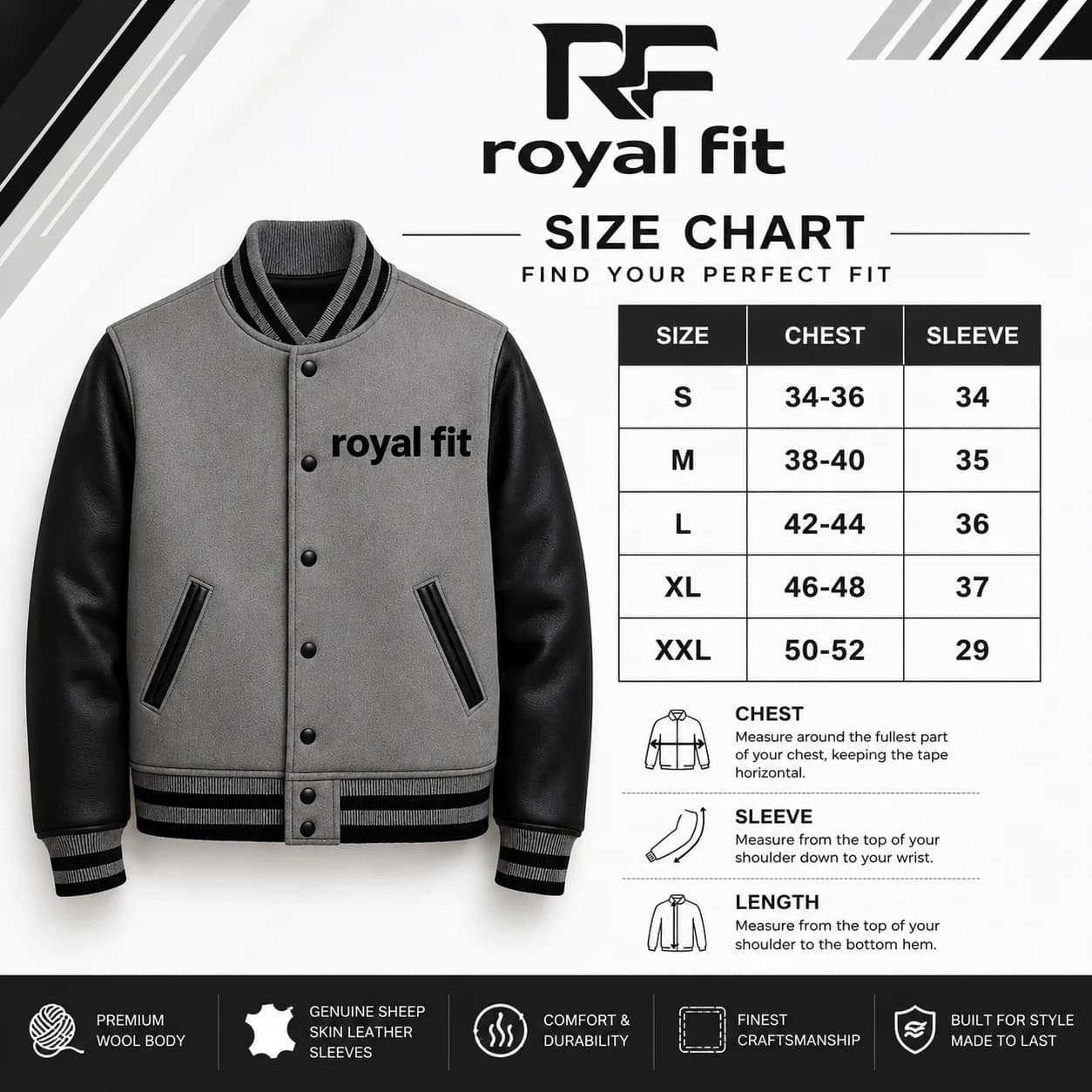 Varsity jacket size chart
