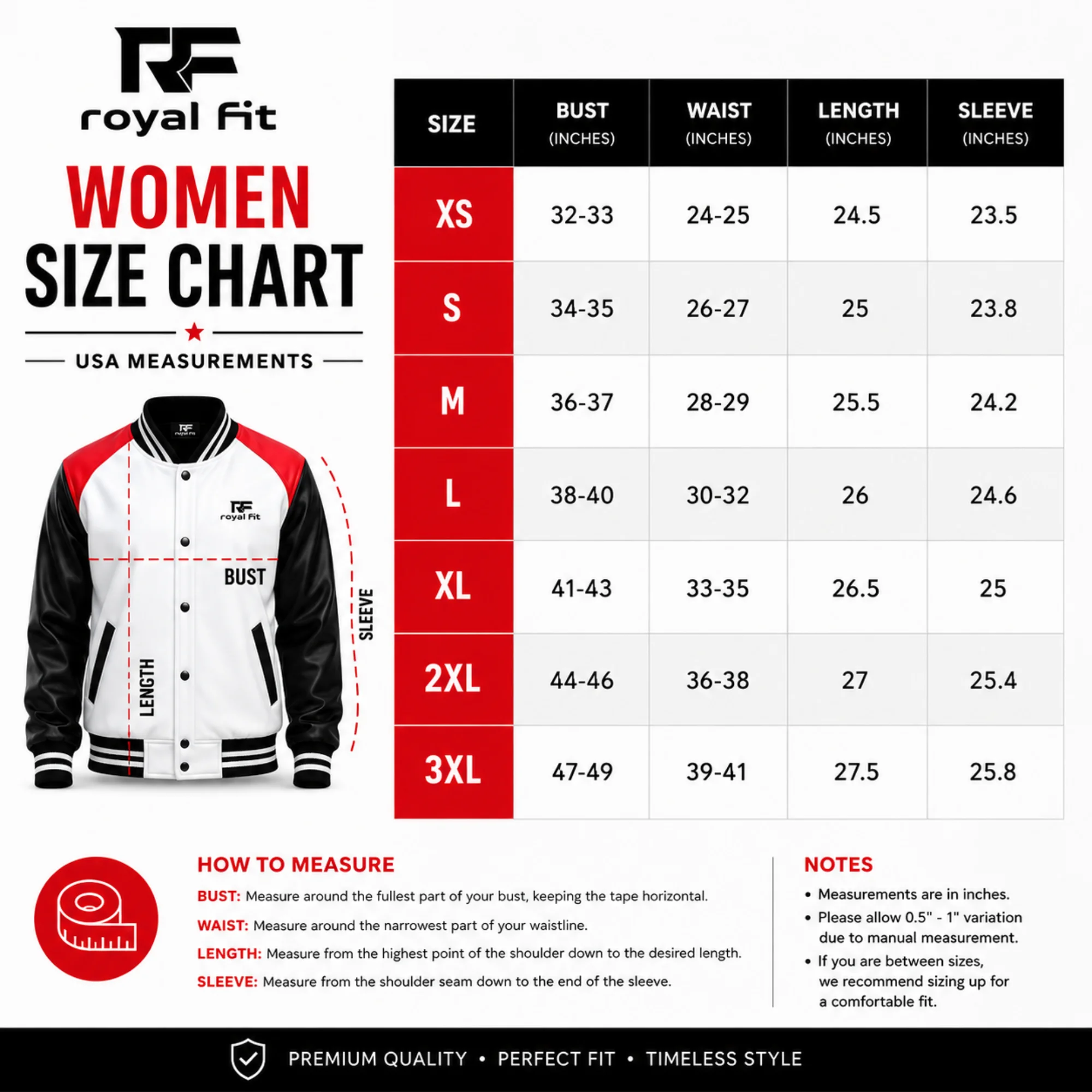 Women size chart varsity jacket