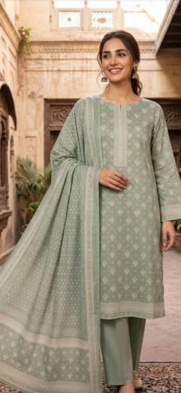Sana Boutique Premium Mint Green 3-Piece Printed Lawn Suit – Straight Kurta, Trousers & Coordinating Dupatta