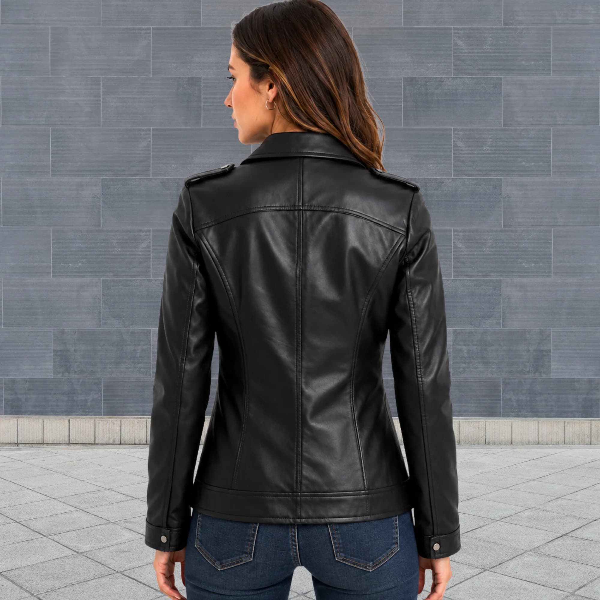 Women’s black jacket back view