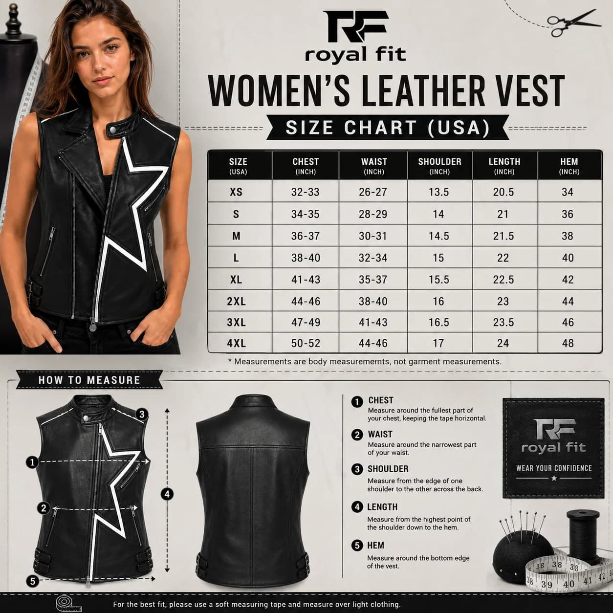 Royal Fit Women's Black Real Leather Motorcycle Biker Vest – Snap Collar, Zippered Pockets & Adjustable Side Belts, Sizes XS–4XL