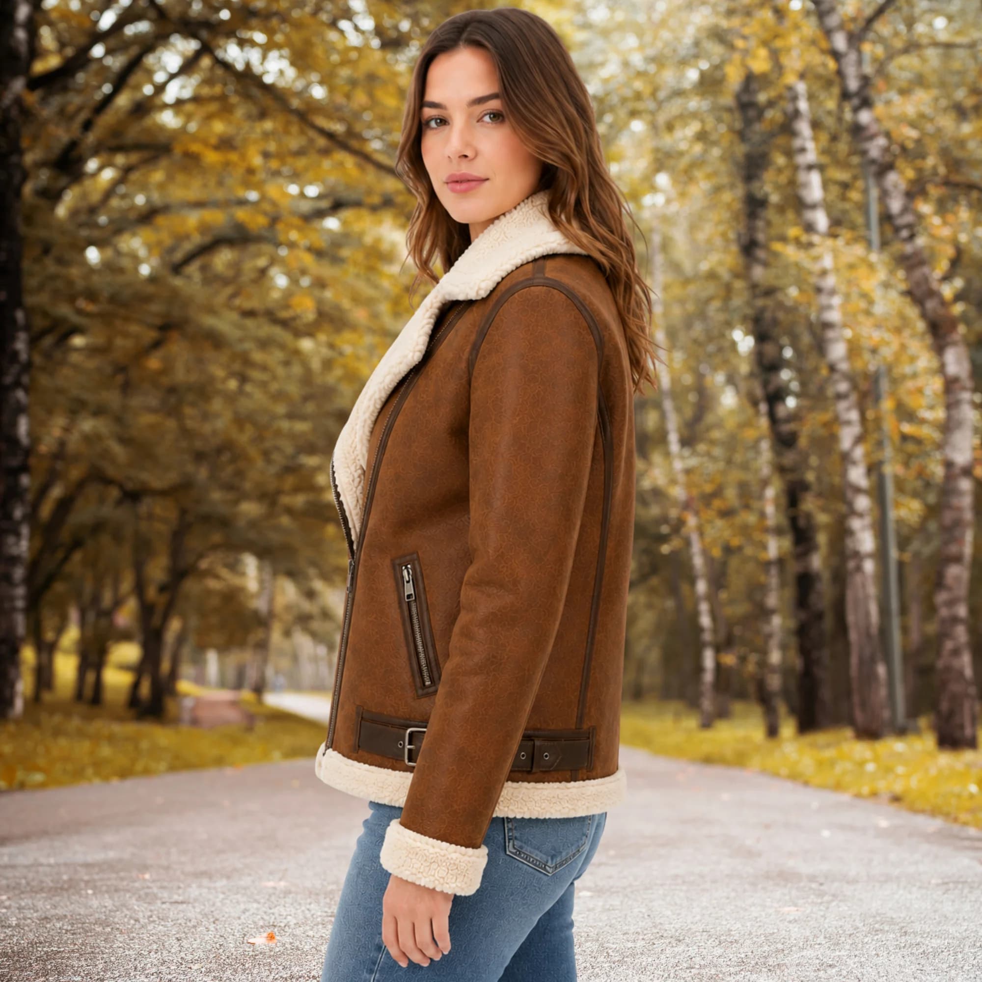 Women’s shearling jacket side view