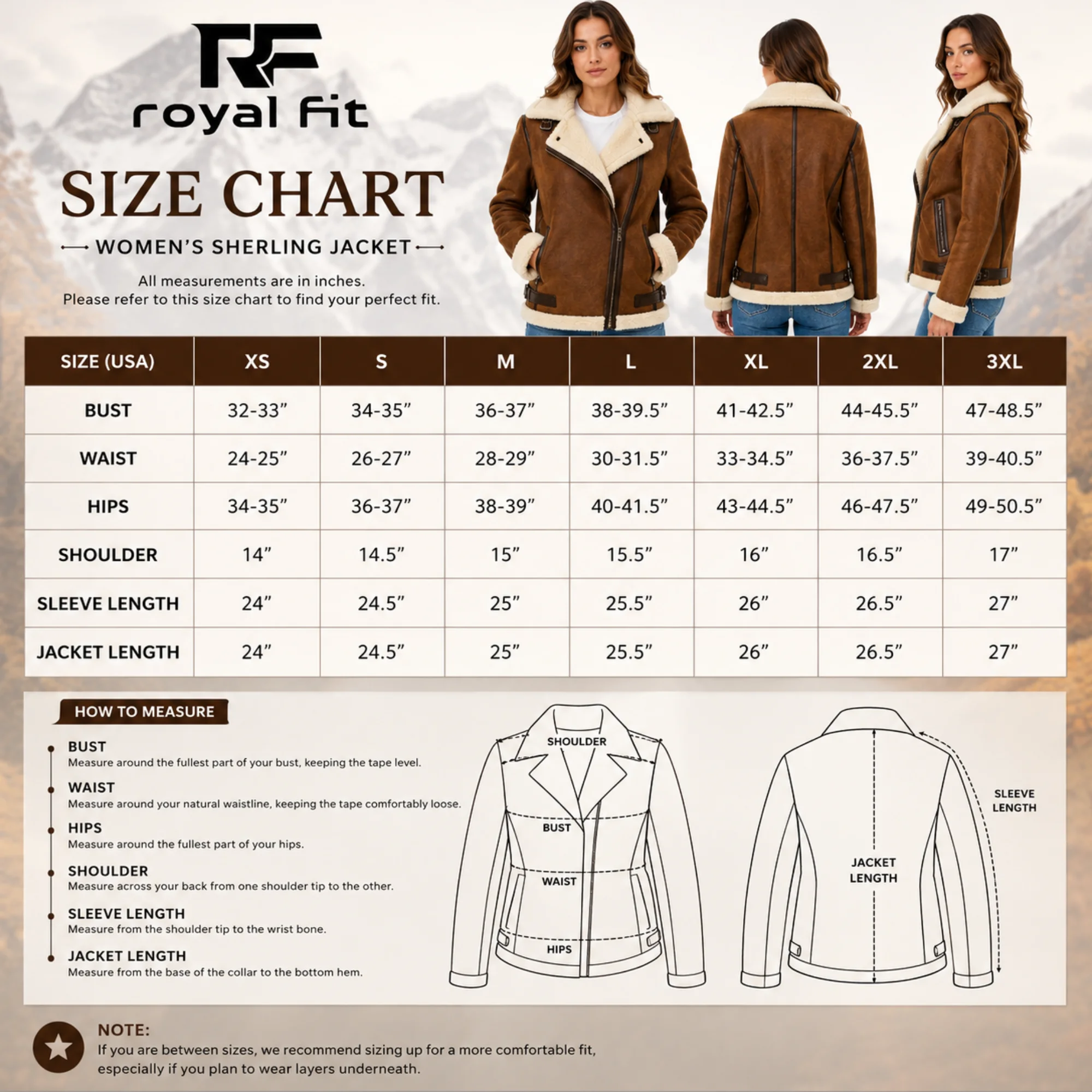 Women’s sherling jacket size chart