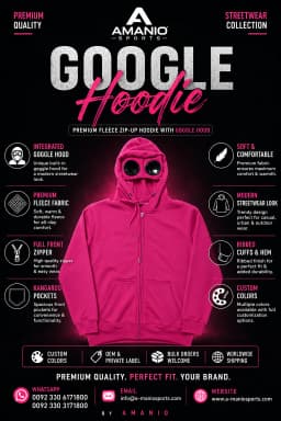 Amanio Sports Pink Goggle Hood Zip-Up Fleece Hoodie – Full Front Zipper, Kangaroo Pockets, Ribbed Cuffs & Hem