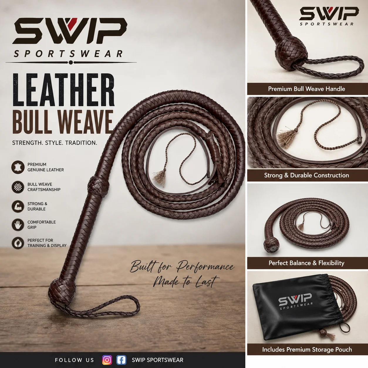 Leather bull weave whip