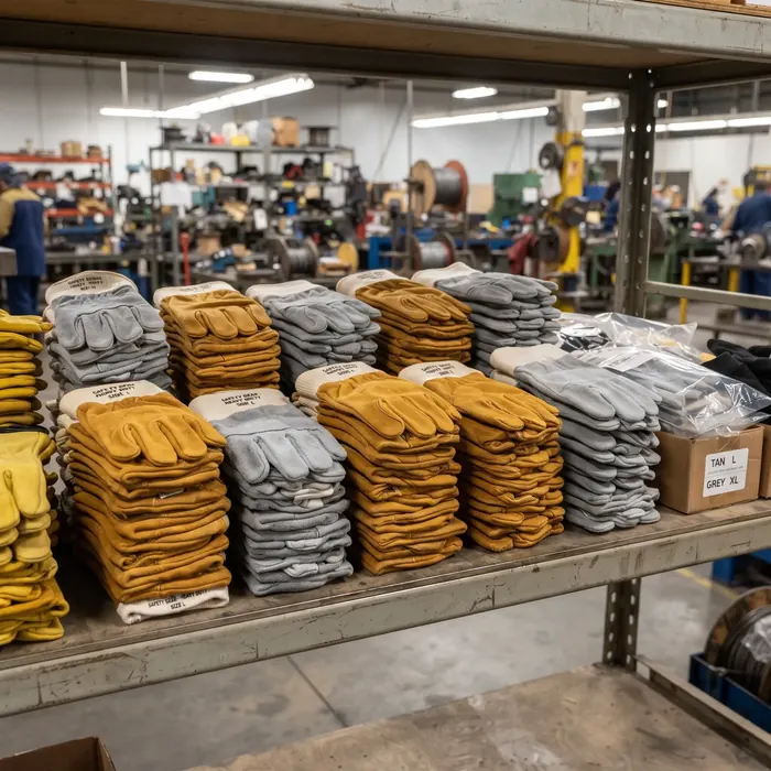 Stacks of leather work gloves on a factory shelf
