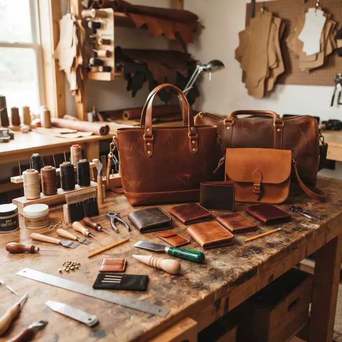 Leather bags and wallets on a craftsman's workbench