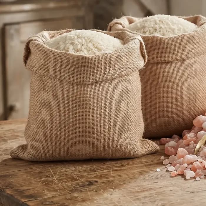 Open sacks of long-grain white rice on a wooden table