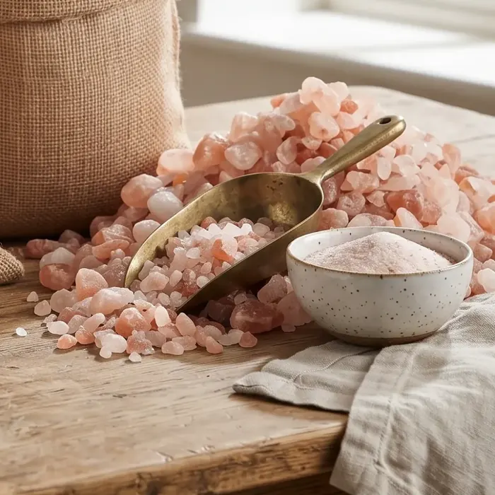 Pile of pink Himalayan rock salt with a brass scoop and a bowl of fine salt
