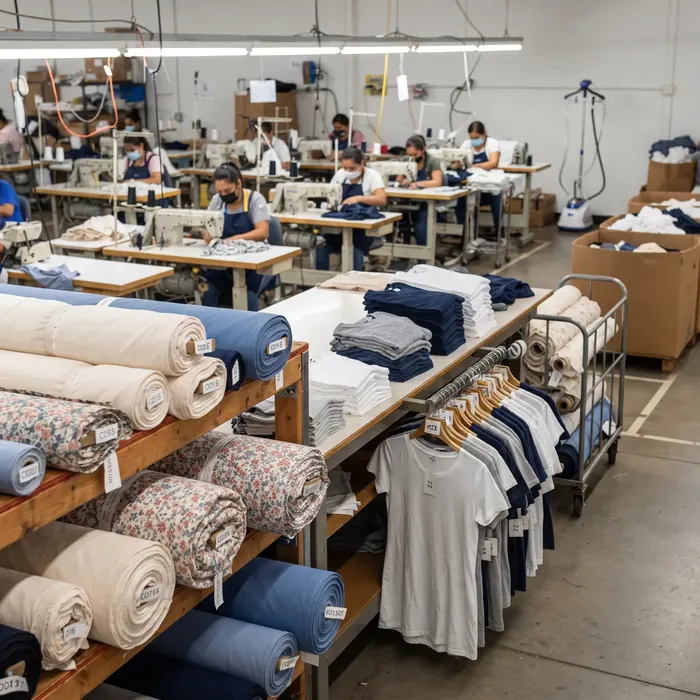 Rolls of fabric and finished garments in a garment factory