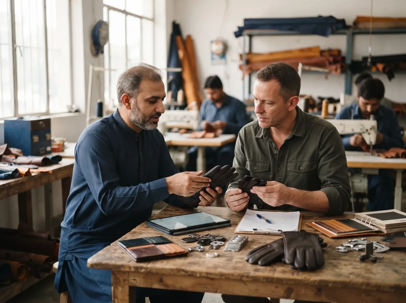 Buyer and Pakistani supplier inspecting leather gloves together in a workshop