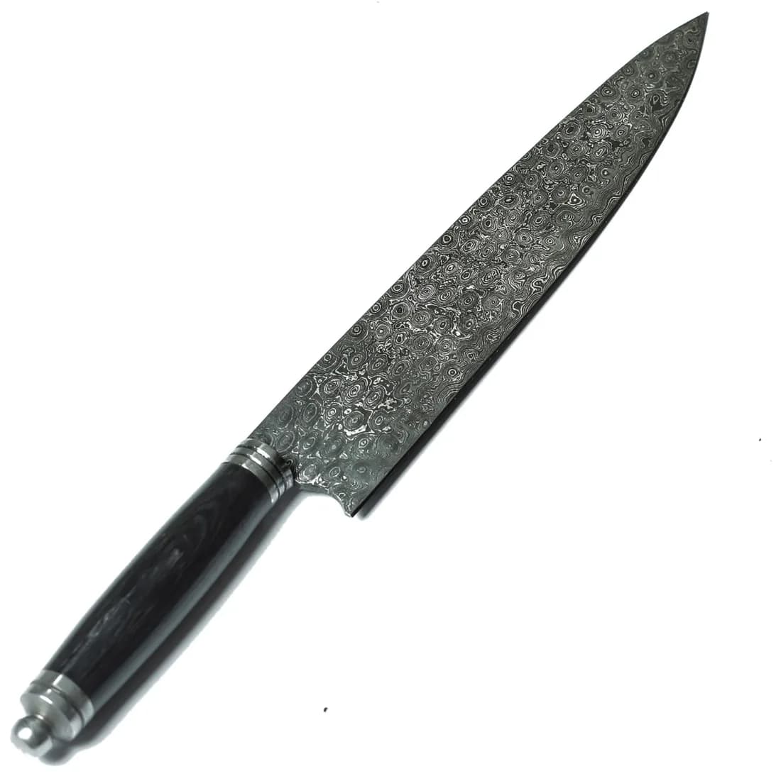 Damascus chef knife with dark wood handle and steel end cap