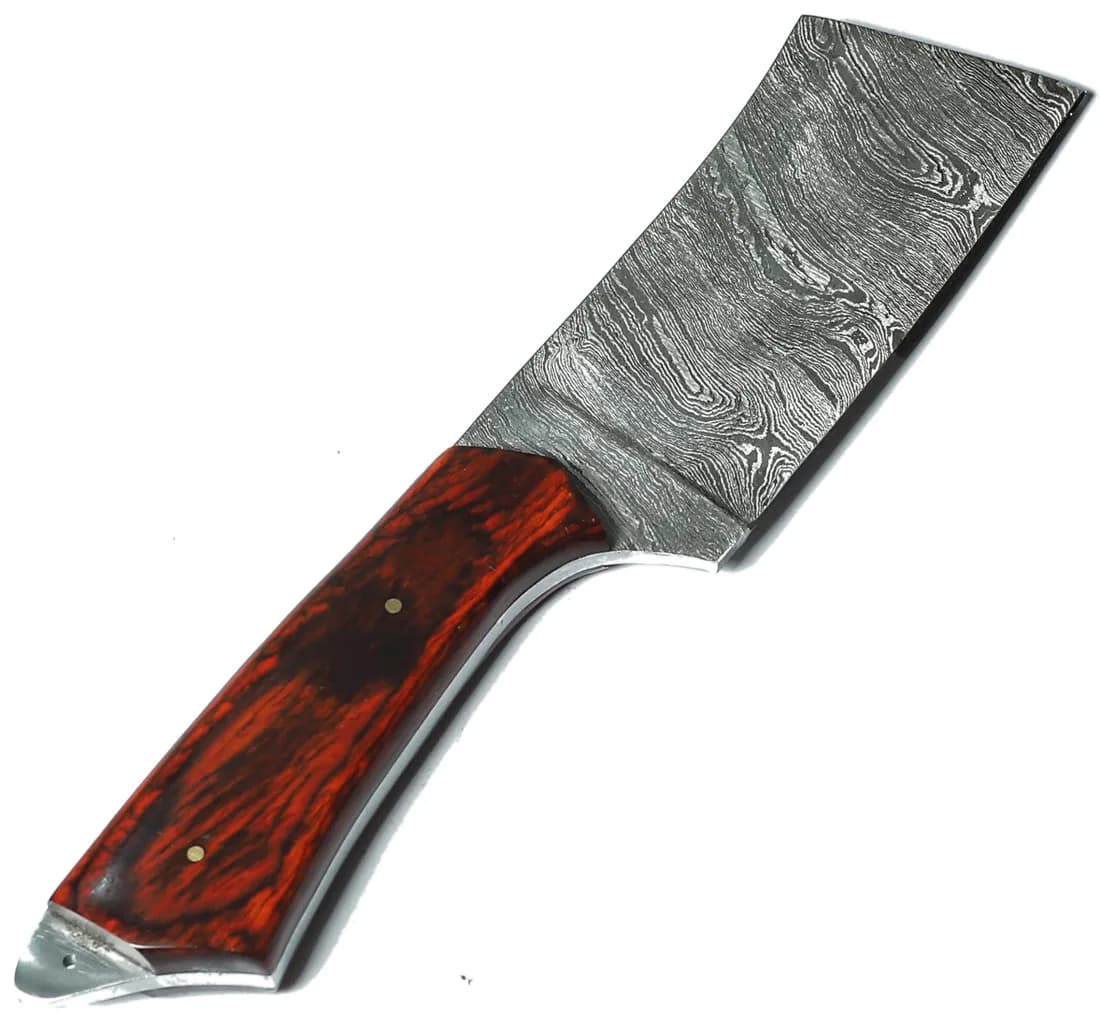 Damascus cleaver with red stabilised wood handle