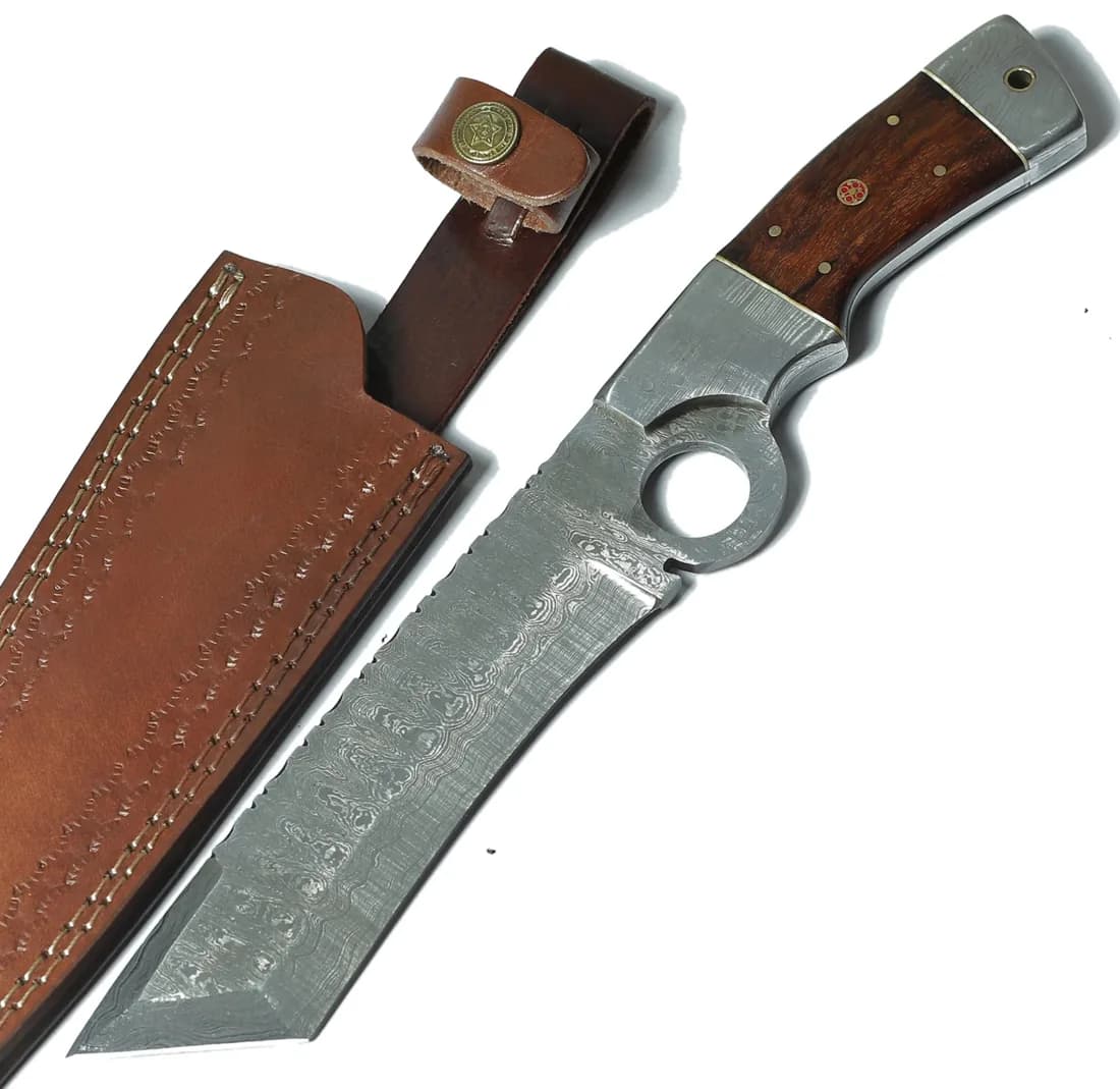 Damascus tanto knife with rosewood handle, finger ring and leather sheath