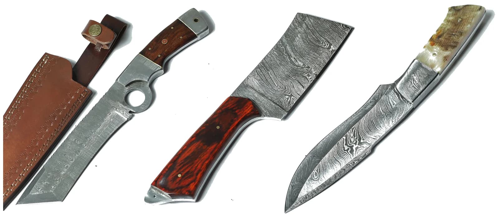 Custom handmade Damascus knives: tanto with finger ring, cleaver with red wood handle and ram horn hunting knife
