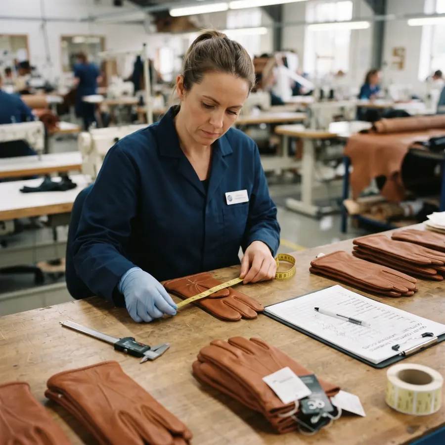 Inspector measuring a leather glove during a quality check