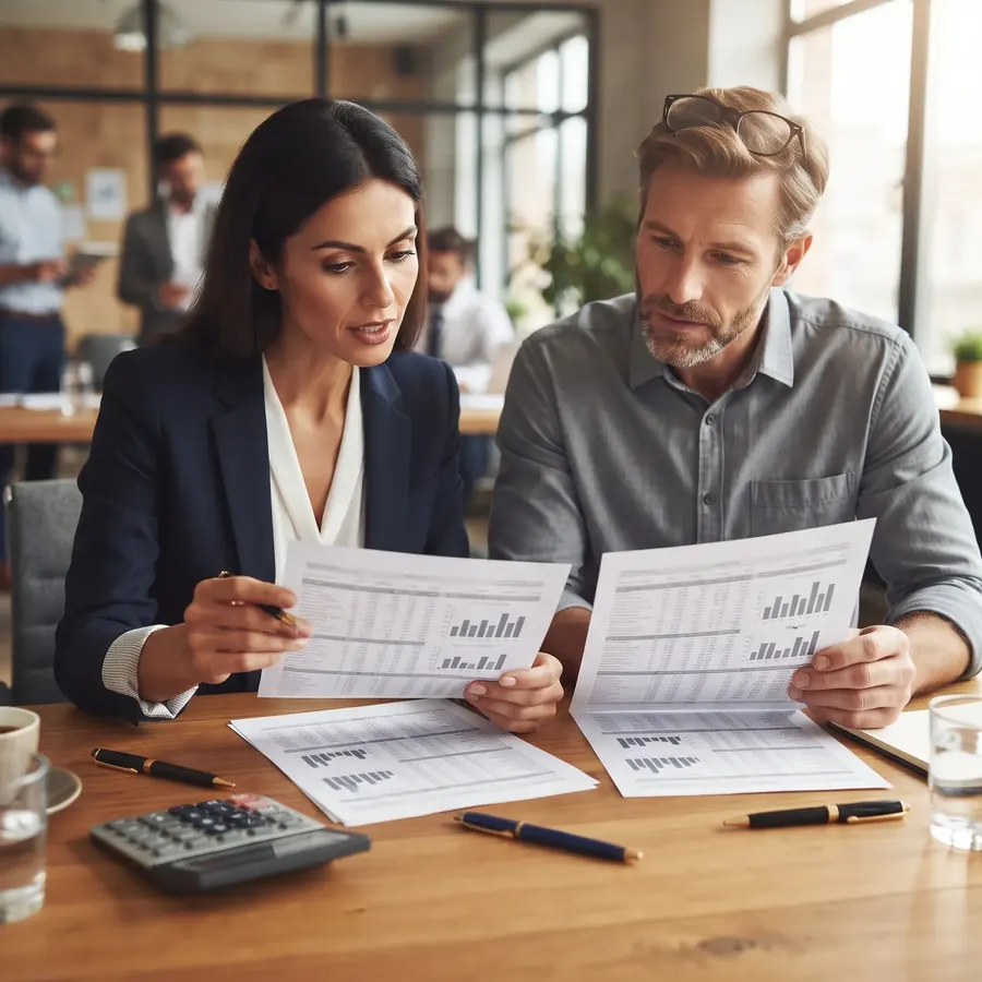 Two colleagues comparing printed supplier quotes side by side