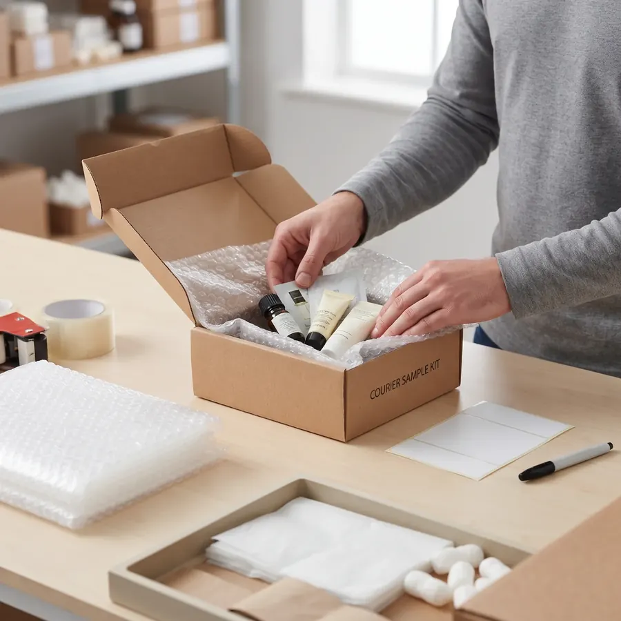 Sample products being packed with bubble wrap into a courier box