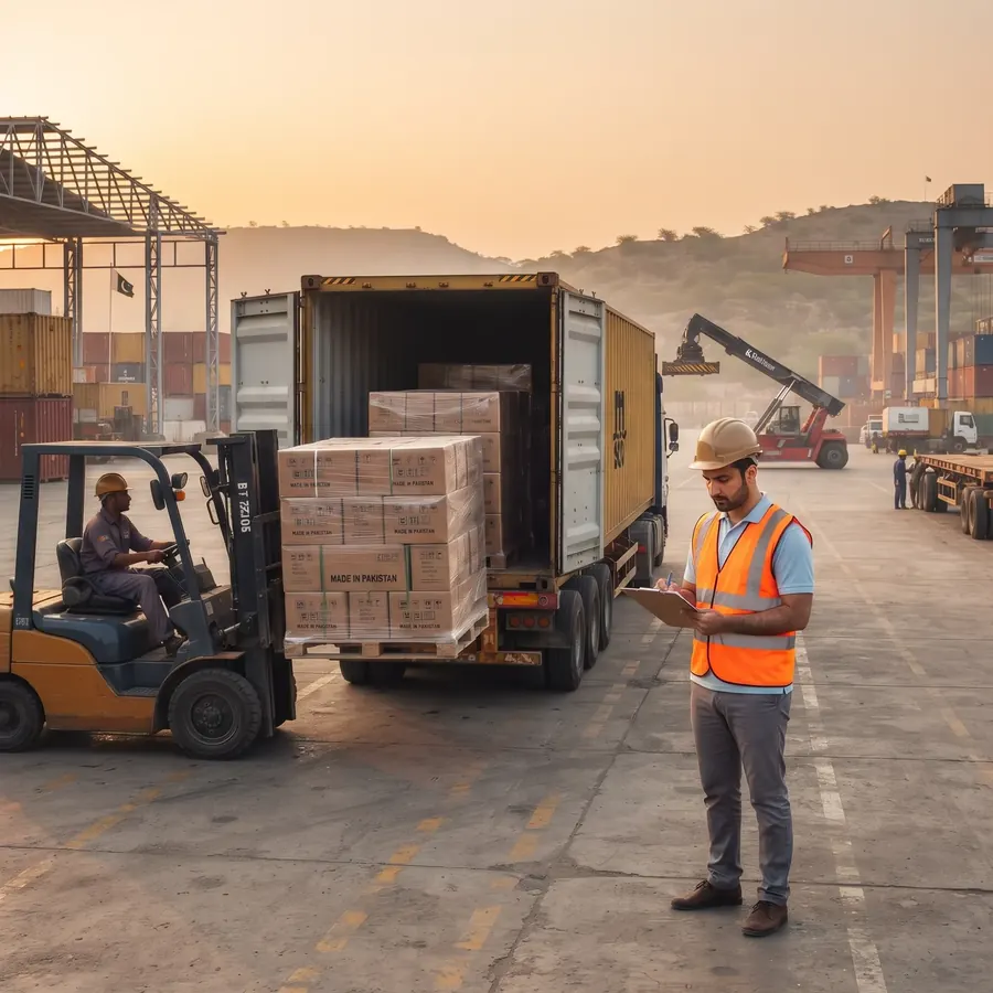 Pallets of export cartons being loaded into a shipping container at a port