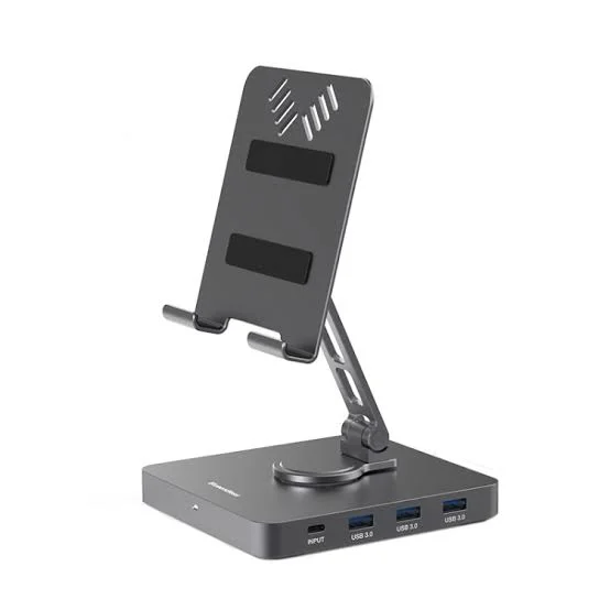 Adjustable Foldable Metal Phone and Tablet Stand with USB 3.0 Hub, Dual Core Shaft, Desktop Holder - image 1