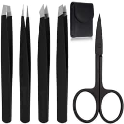 Black Stainless Steel Eyebrow Tweezers & Scissors Set with Pouch