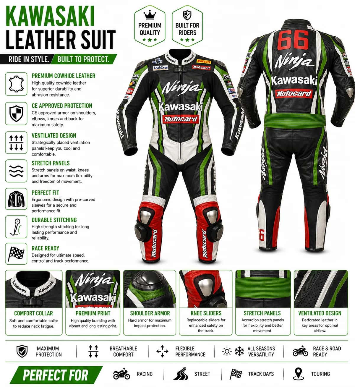 Custom Kawasaki Ninja Leather Racing Suit, Genuine Cowhide, CE Armor Protection