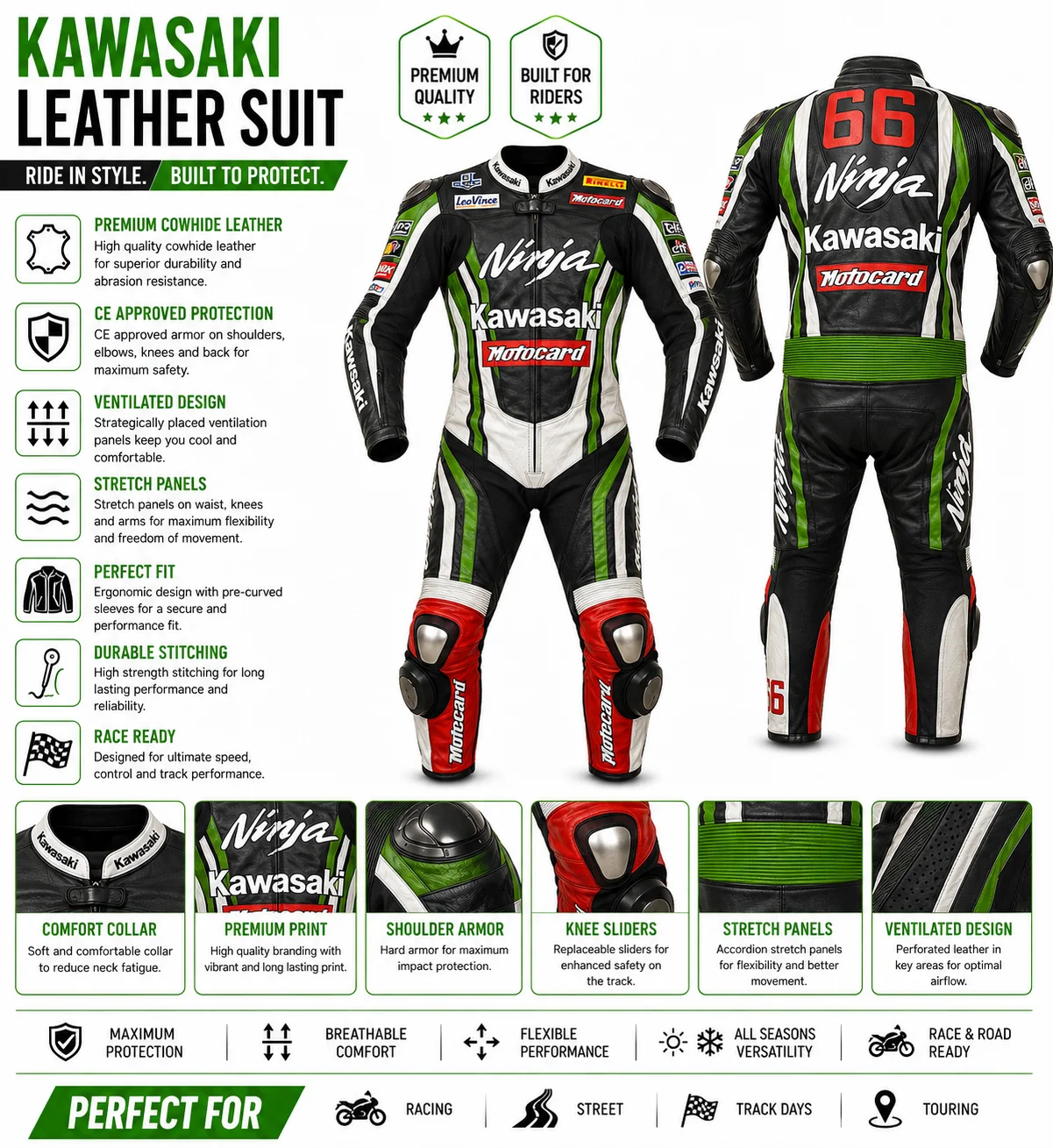 Custom Kawasaki Ninja Leather Racing Suit, Genuine Cowhide, CE Armor Protection