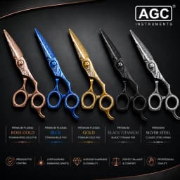 AGC Instruments Professional Hairdressing Scissors – Custom Color & Logo | PVD Coating, Laser Engraving, Rose Gold, Blue, Gold, Black Titanium & Silver