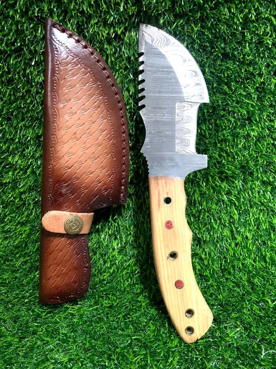 Damascus Steel Hunting Tracker Knife with Wood Handle and Leather Sheath – Handmade Fixed Blade