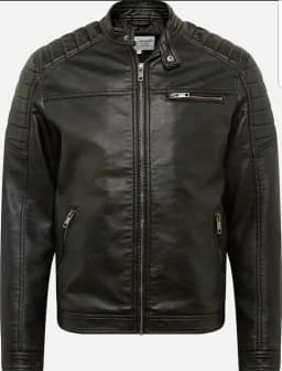 Black Leather Biker Jacket with Quilted Shoulders, Snap-Tab Collar & Zip Pockets