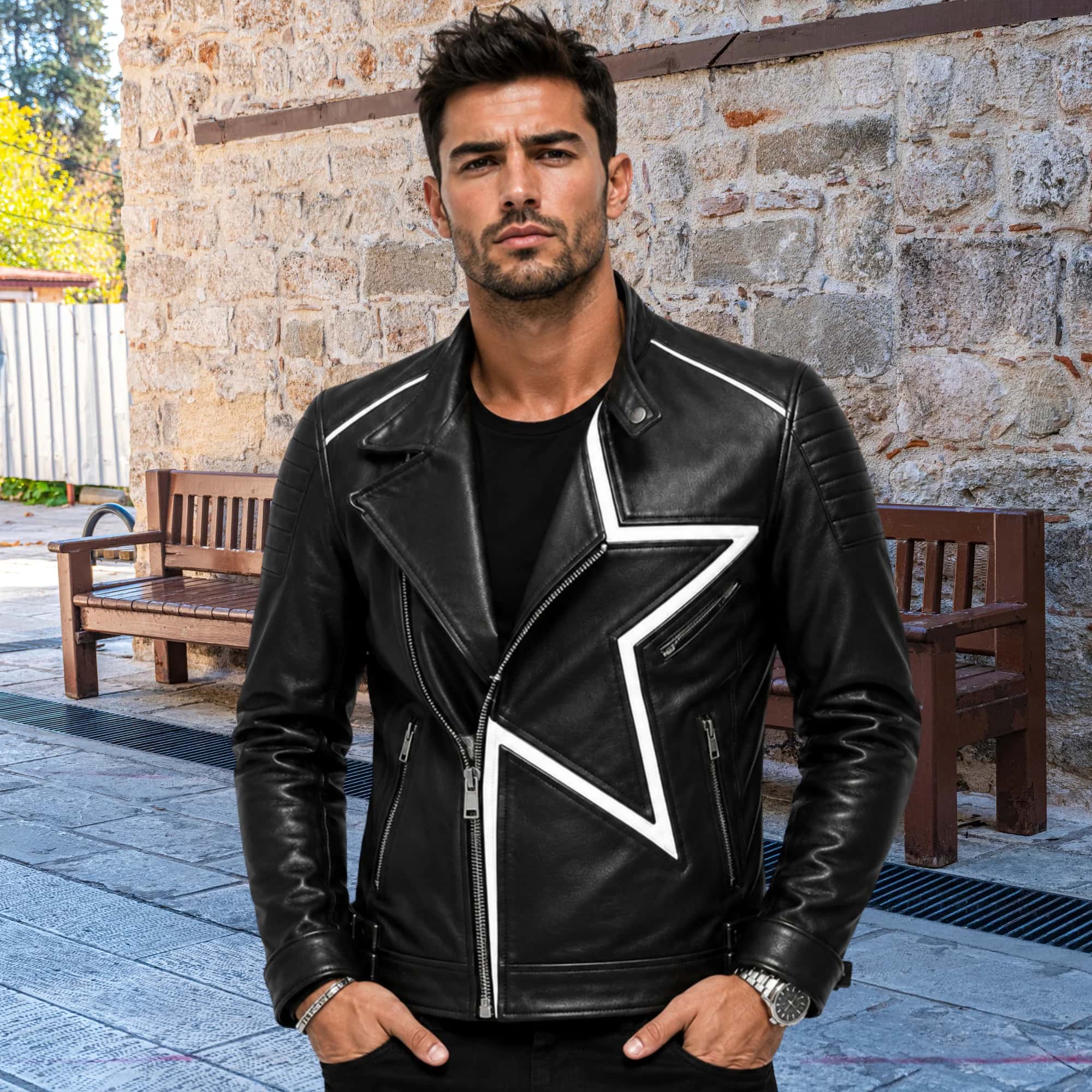 Men’s black leather jacket