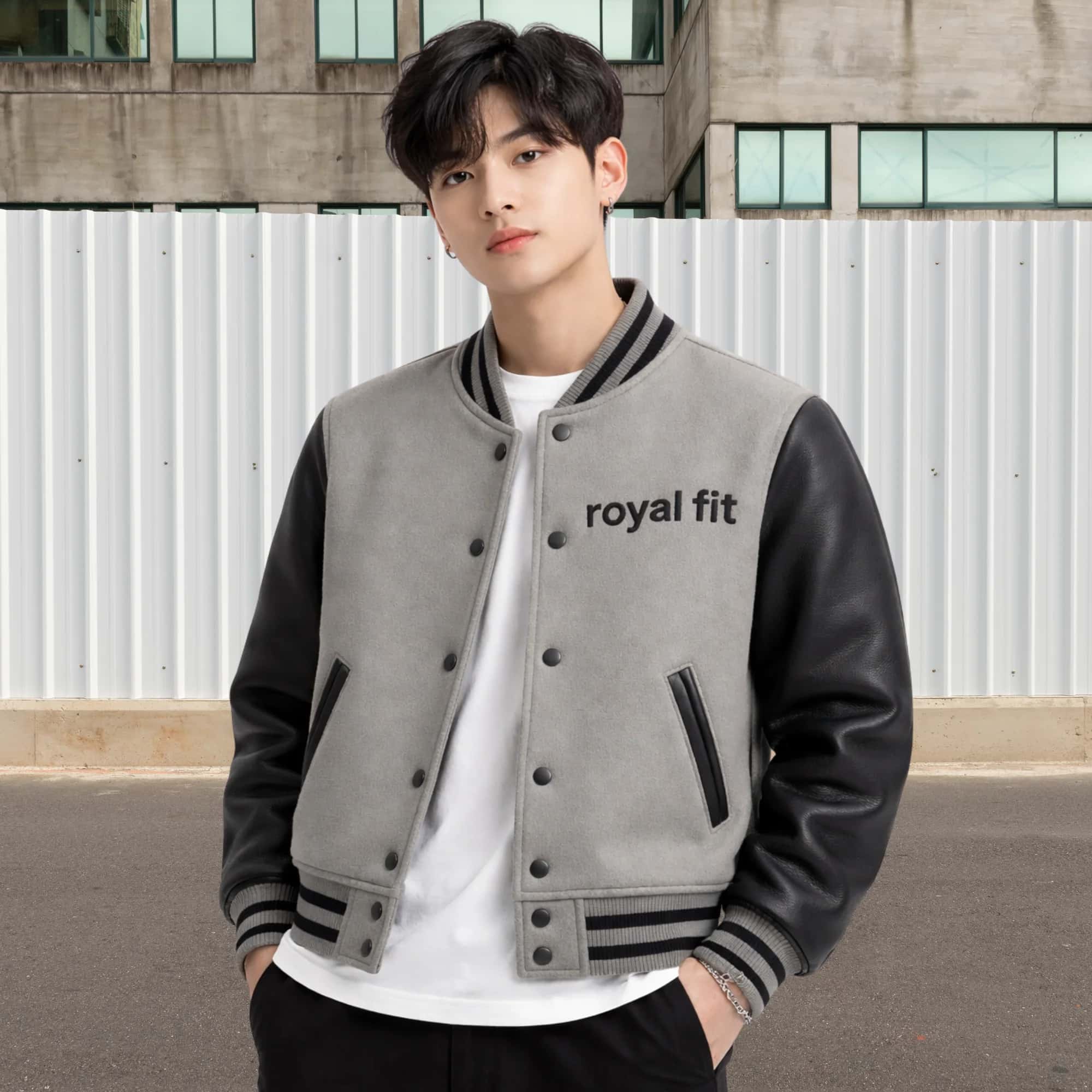 Royal Fit Mens Varsity Letterman Jacket – Wool Body & Genuine Sheepskin Leather Sleeves, Grey & Black