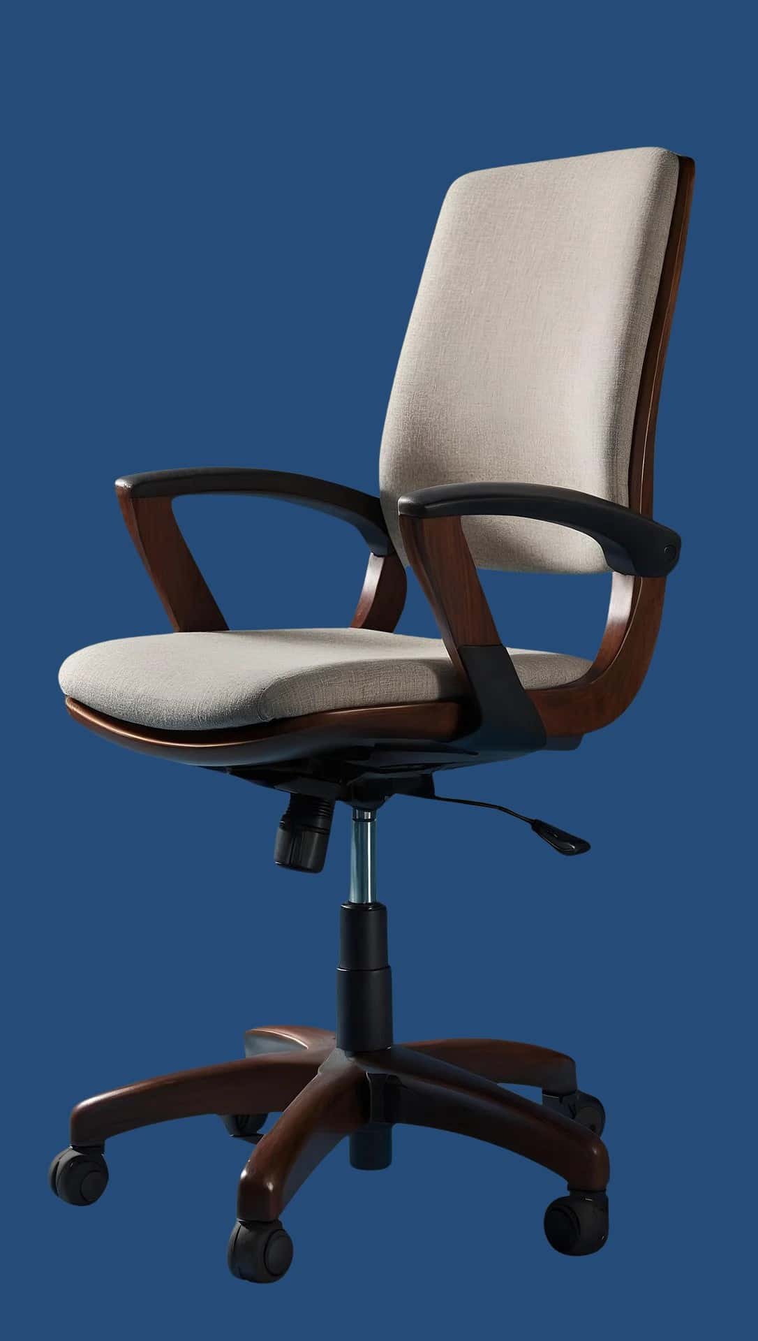 office chair with wooden accents and fabric seat