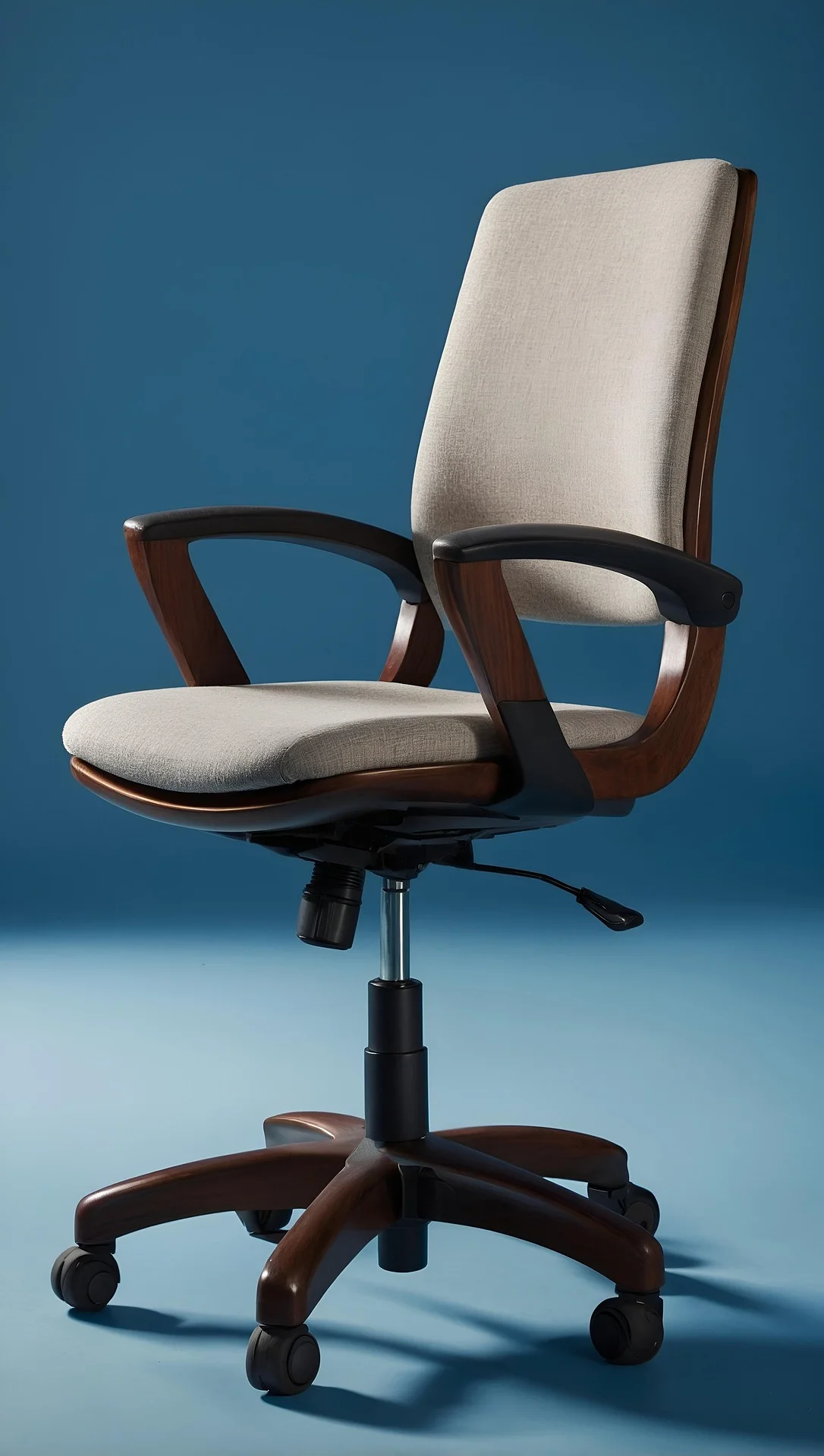 office chair with wooden accents and fabric seat