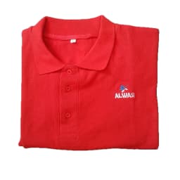AL WASI ENTERPRISES Men's Red Short-Sleeve Polo Shirt – Classic Collar, Embroidered Logo, Size L
