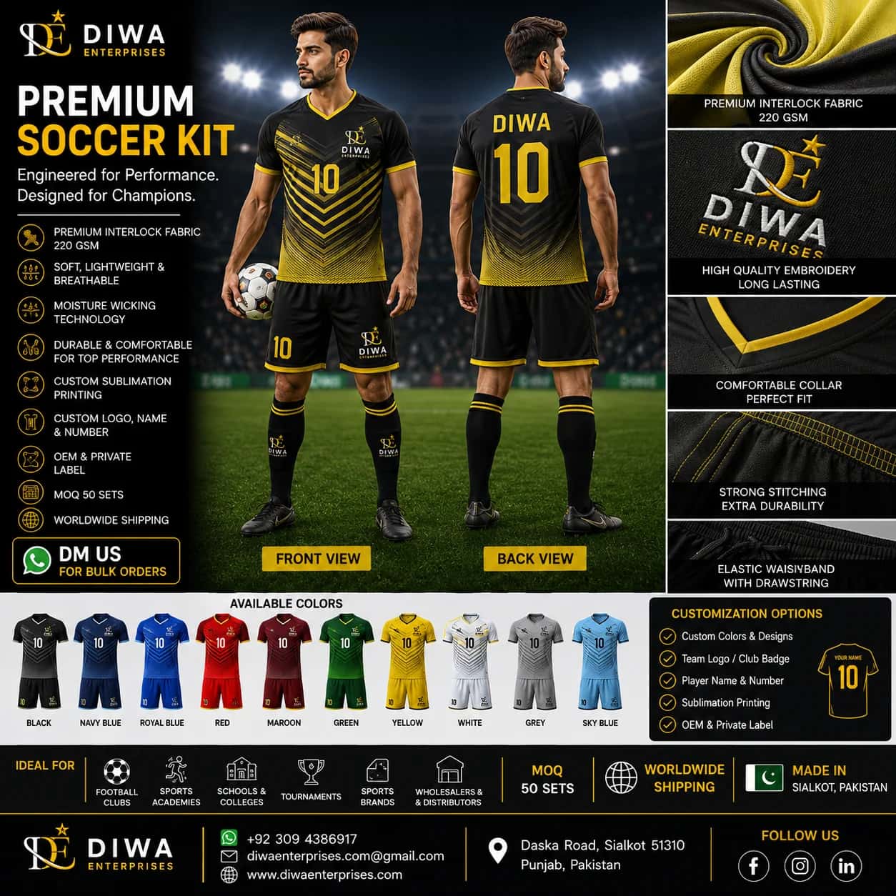 Soccer kit with custom logo, name, and number options