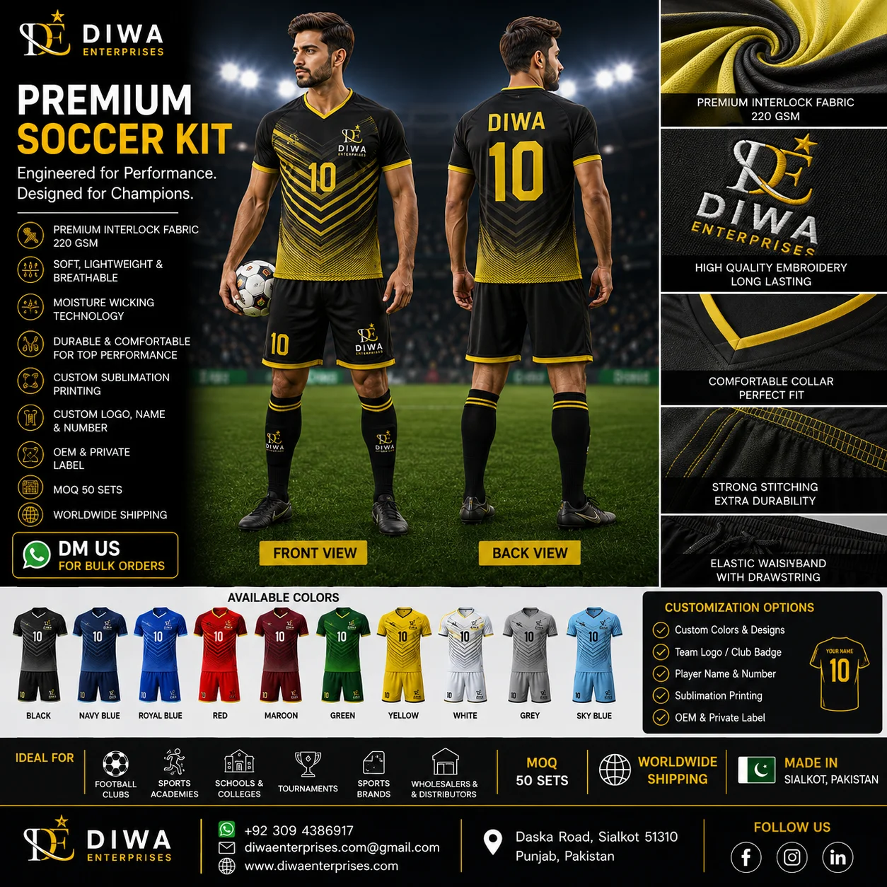 Soccer kit with custom logo, name, and number options