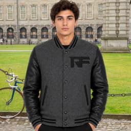 Royal Fit Varsity Jacket – Dark Gray Wool Body, Genuine Leather Sleeves, Quilted Lining & Embroidered Back