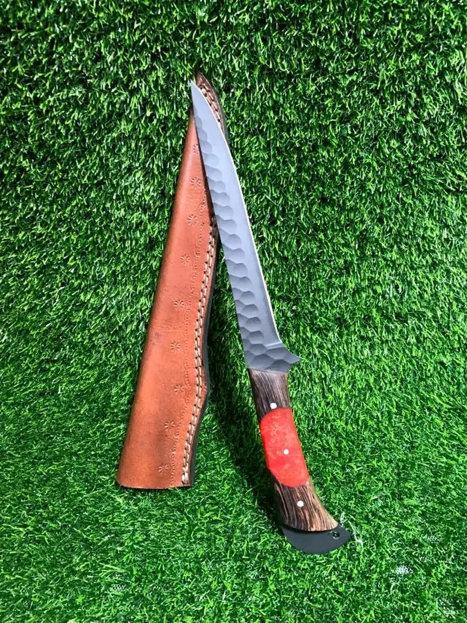 Hand-forged carbon steel fillet knife with wood and resin handle and leather sheath