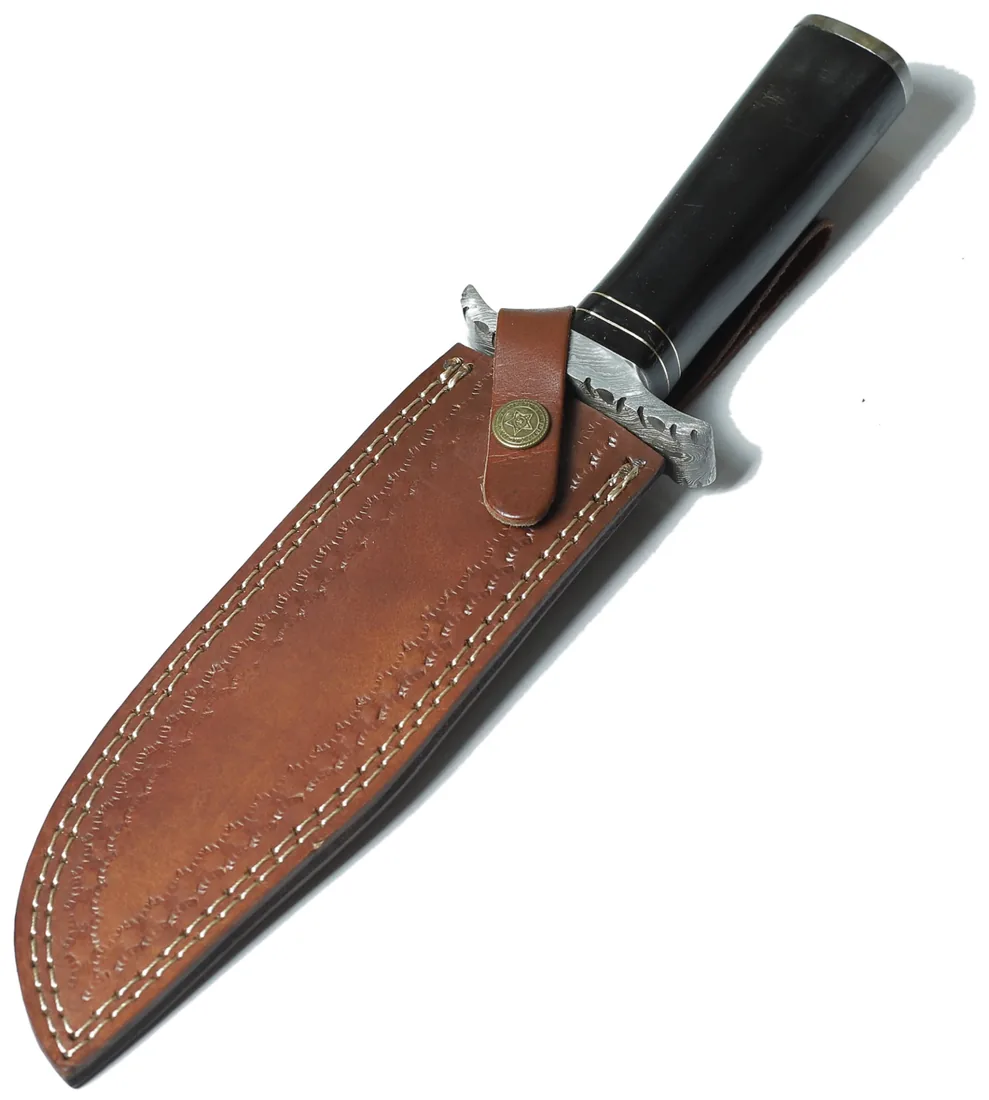 Damascus Bowie knife with sawback blade and black handle