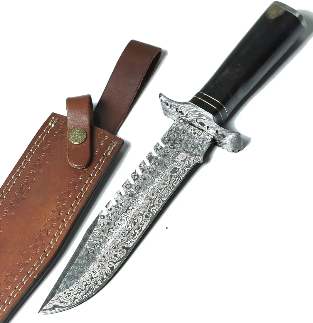 Damascus sawback Bowie knife with black handle and leather sheath