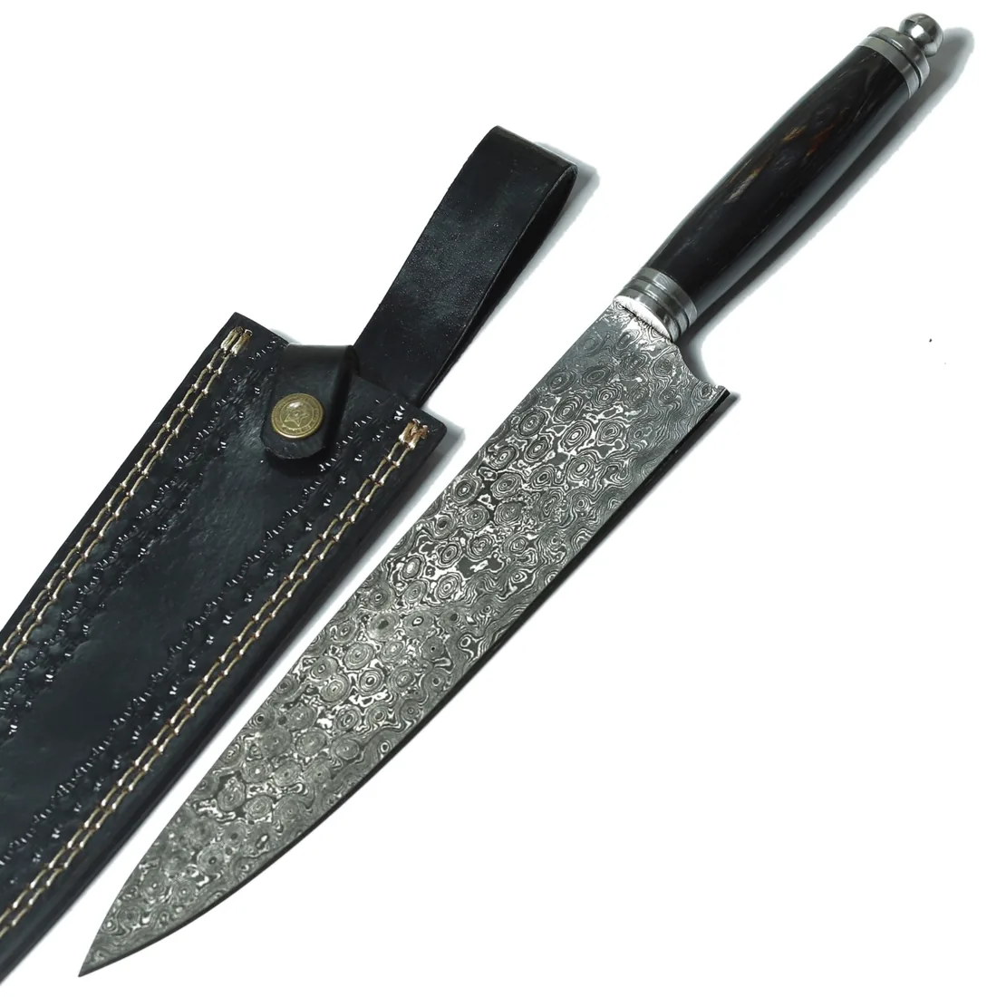 Custom Damascus chef knife with leather sheath