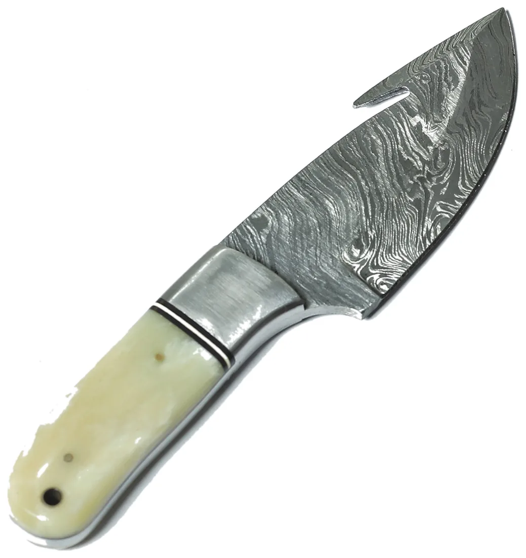 Damascus gut-hook skinning knife with bone handle