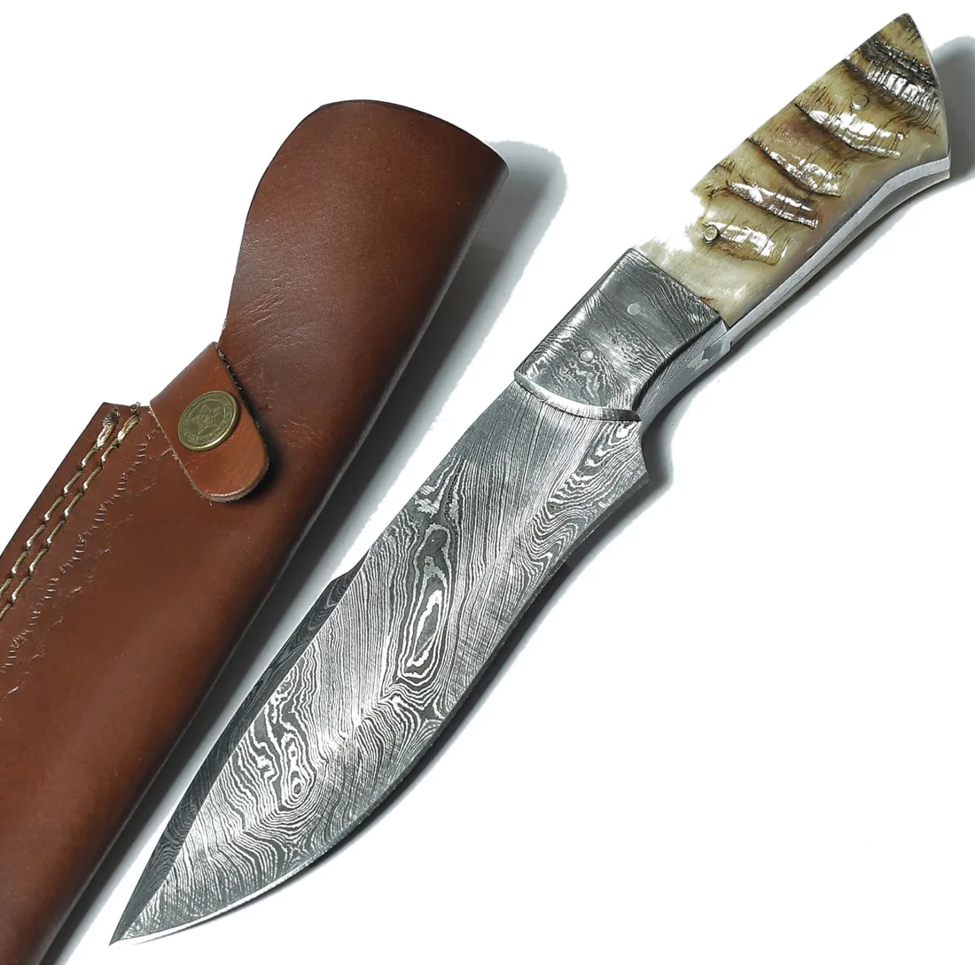 Damascus hunting knife with ram horn handle and leather sheath