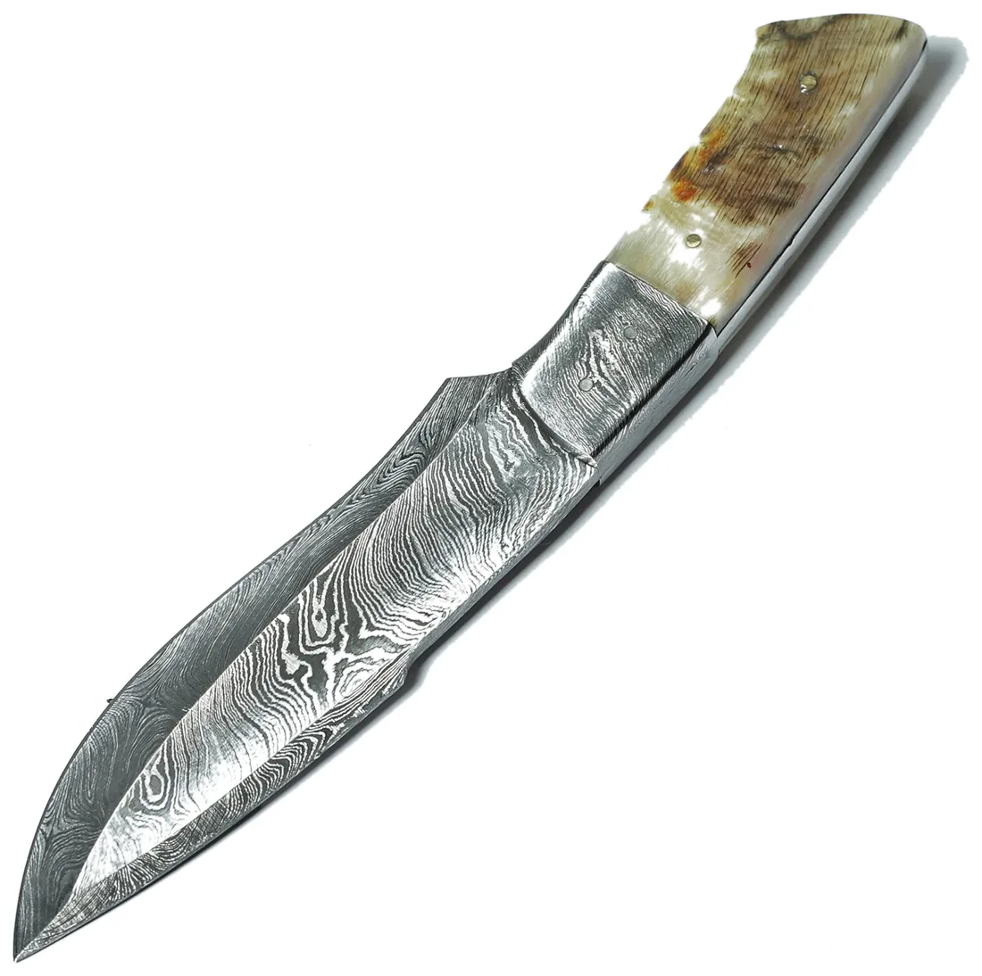 Handmade Damascus hunting knife with ram horn handle